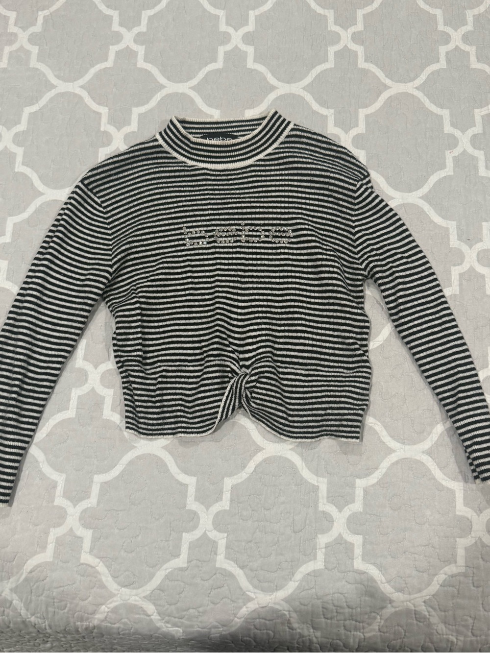 bebe Black and White Striped Twist-Front Long-Sleeve Crop Top - Picture 3 of 5